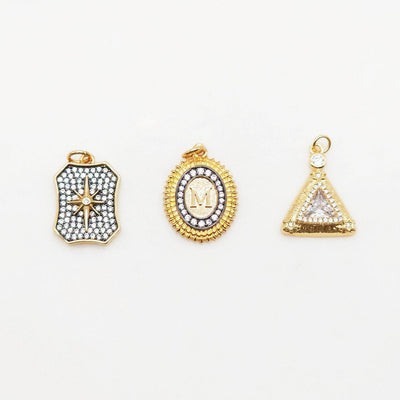 Shield, Oval, Triangle Shape Pendant, 18K Gold Plated, CZ Pave, Necklace Making Charm, Jewelry Findings S20392