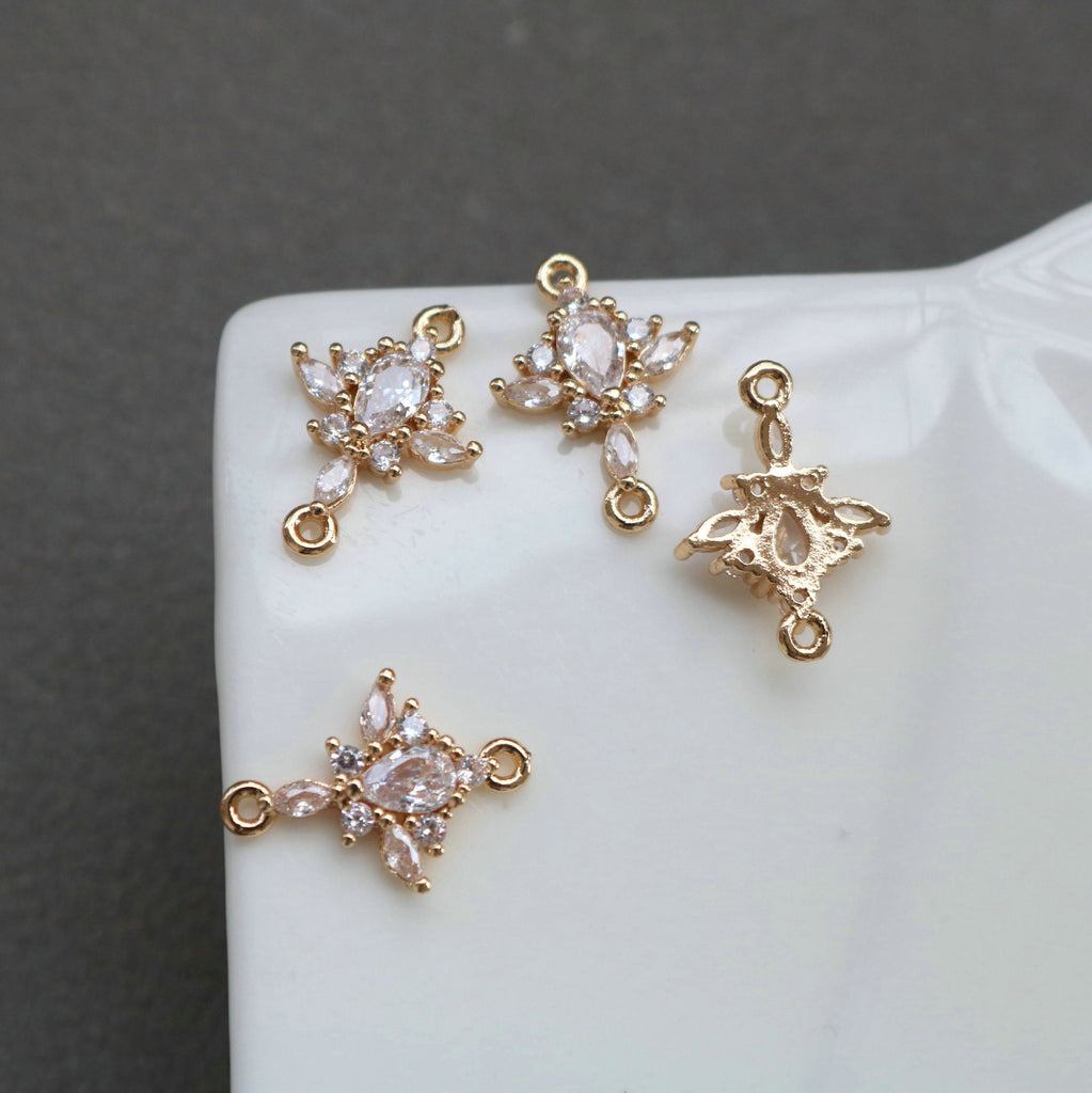 CZ Pave Leaf Charm, Cubic Zircon Crystal Leaf Pendant, CZ Earring Connector, Gold Plated Brass Earring Charms, Jewelry Findings HL018-F198