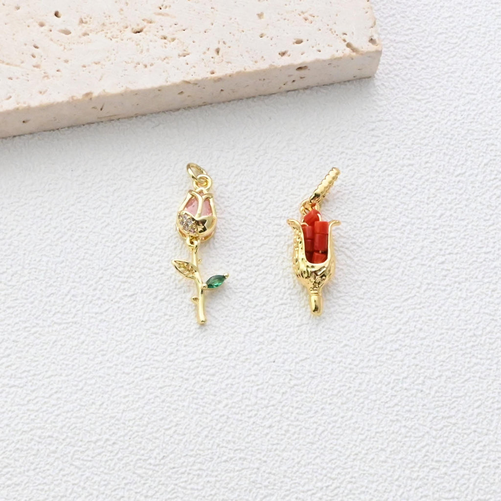 Rose Flower Charms, Tulip Charms, CZ Pave, 18K Gold Plated Flower Pendant, For Necklace And Earrings Making, Jewelry Findings S1348