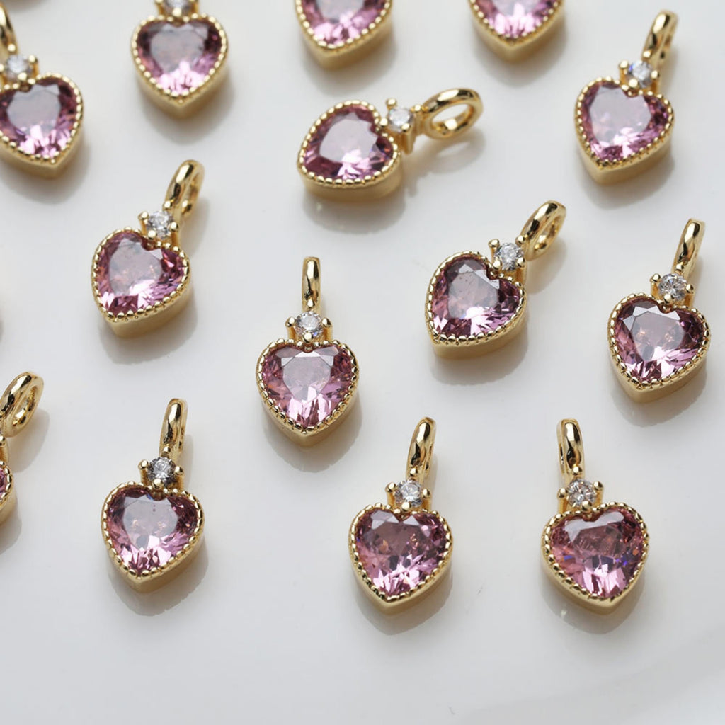 Dijes de corazón de oro, pavé de circonitas arcoíris, chapado en oro de 14 quilates, colgante de amor, colgantes para hacer collares, accesorios de joyería GZ401