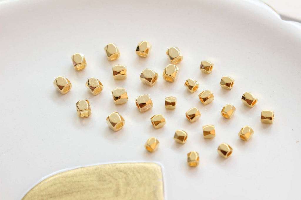 20pcs- Cube Beads, Faceted Beads, 3mm, 18K Gold Beads, Bracelet Beads, Gold Plated Spacer Beads, Big Hole, Jewelry Finding GZ181-S