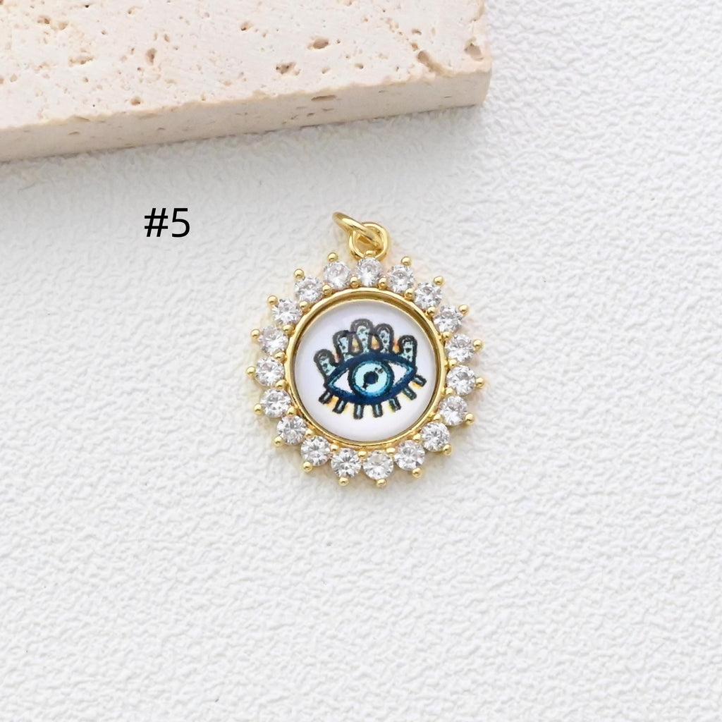 Evil Eye Charm, Enamel Devil's Eye Charm, Pave CZ, Round Pendant, 18K Gold Plated, Necklace Making Charm, Jewelry Findings S1347