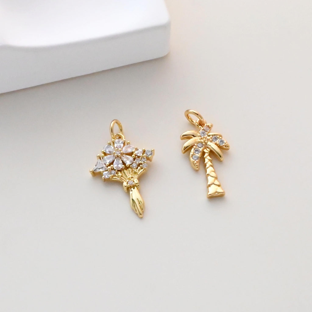 Flower Bouquet Pendant, Coconut Tree Charms, 18K Gold Plated, Cubic Pave Charms, Plants Pendant, Necklace Charms S1320