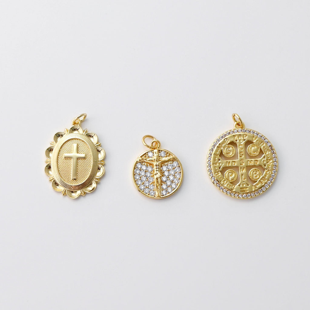 Cross Charm, Coin Pendant, Jesus Charm, 18K Gold Plated CZ Pave Religions Pendant, Necklace Making Charm, Jewelry Findings S20831