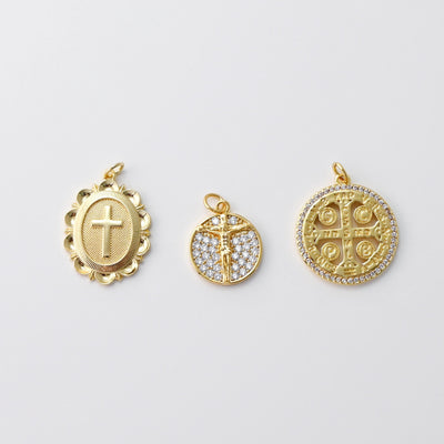 Cross Charm, Coin Pendant, Jesus Charm, 18K Gold Plated CZ Pave Religions Pendant, Necklace Making Charm, Jewelry Findings S20831