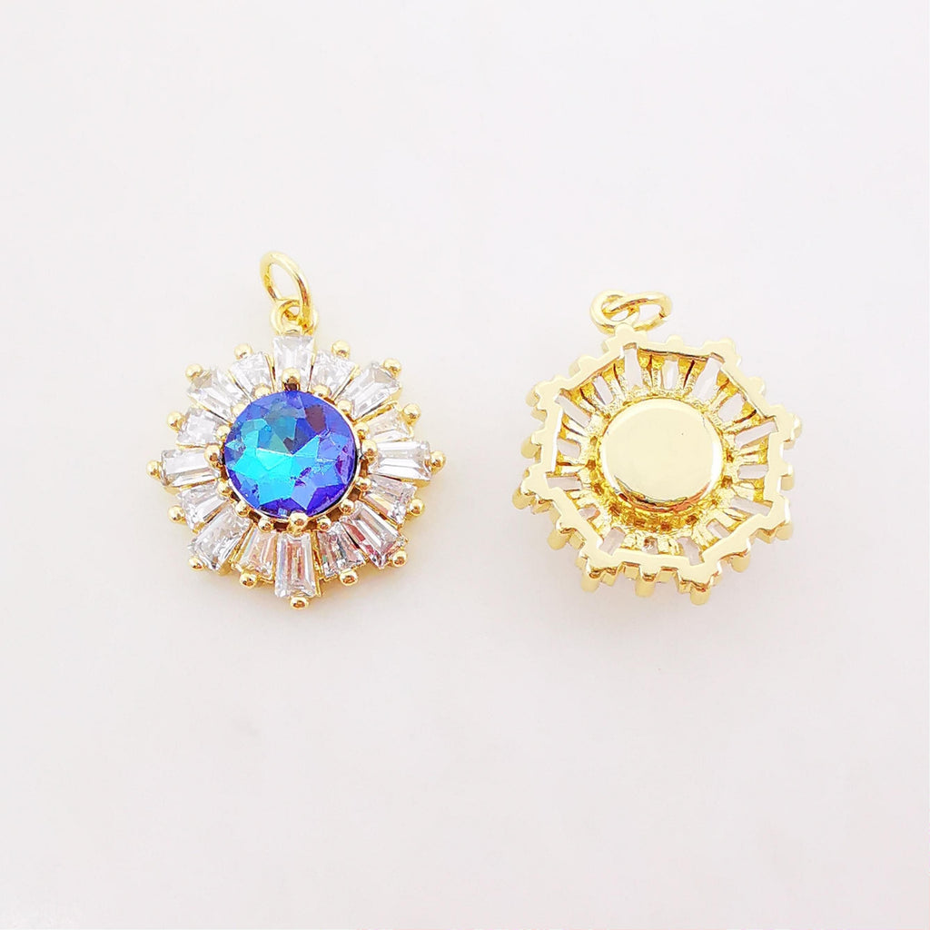 Sun Flower Charm, Multicolor Glass, 18K Gold Plated Cubic Pave Charm, Flower Pendant, Necklace Earring Making Charm, Jewelry Findings S1004