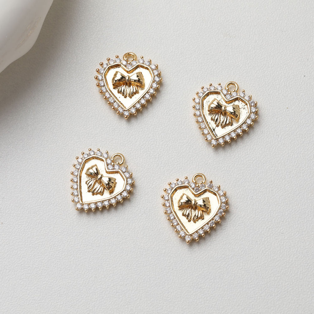 Gold Heart Pendant, CZ Pave, Bow Tie Pendant, Heart Charm for Necklace Making, Jewelry Findings GT041