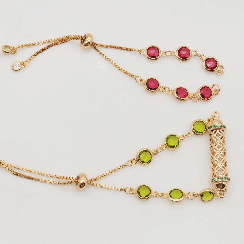 Adjustable Bracelet Making Chain, 20 Colors, 18K Gold Plated, CZ Pave Half Finished Slide Box Chain with Rubber Stopper Beads S20346