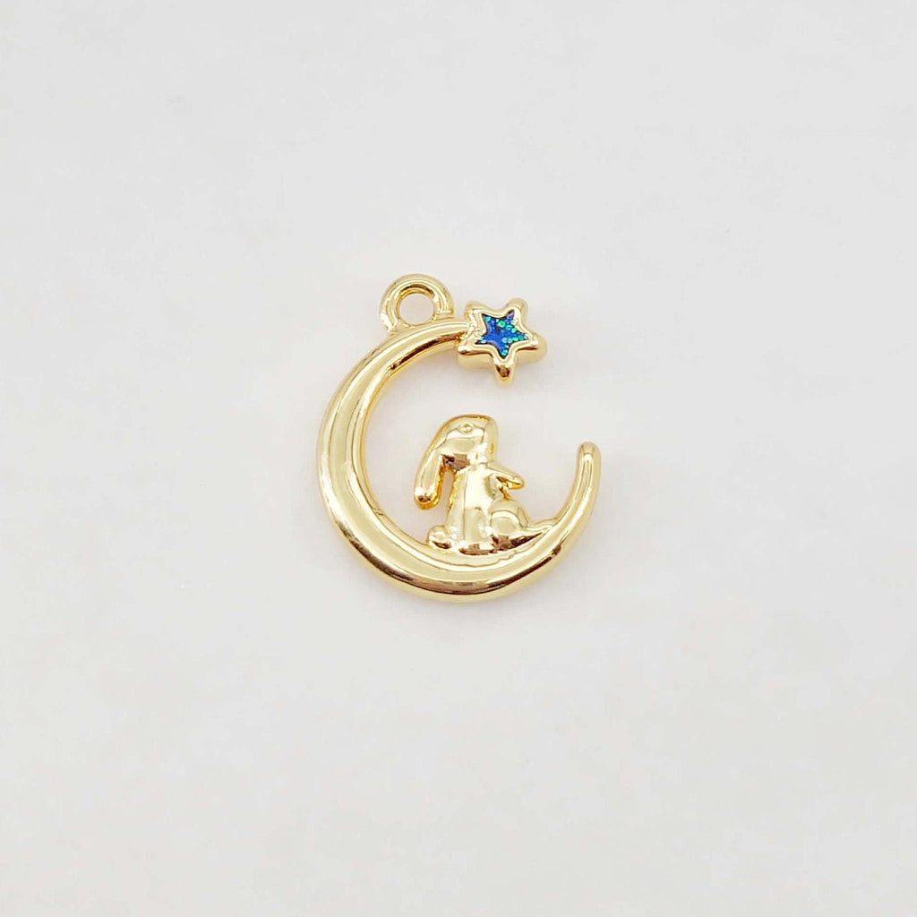 Bunny & Moon Charm, 18K Gold Plated Pendant, CZ Pave Animal Charm, 16.3*13.6mm, Necklace Jewelry Finding S20651