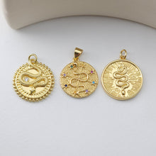 Load image into Gallery viewer, Snake Charm, Dainty CZ Pave, Round Pendant, 18K Gold Plated, Snake Pendant, Bracelet Necklace Making Charm, Jewelry Finding S1229