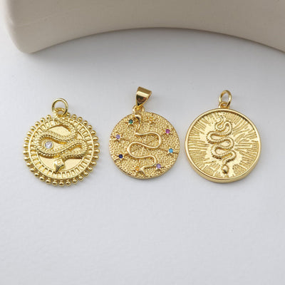 Snake Charm, Dainty CZ Pave, Round Pendant, 18K Gold Plated, Snake Pendant, Bracelet Necklace Making Charm, Jewelry Finding S1229