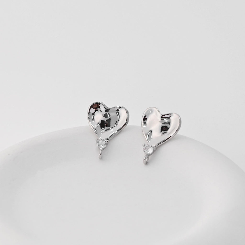 Heart Earrings Post With Loop, Pave CZ, 18K Gold Plated, Nickel Free, S925 Silver Pin, Ear Stud Hypoallergenic Earring Findings D0454