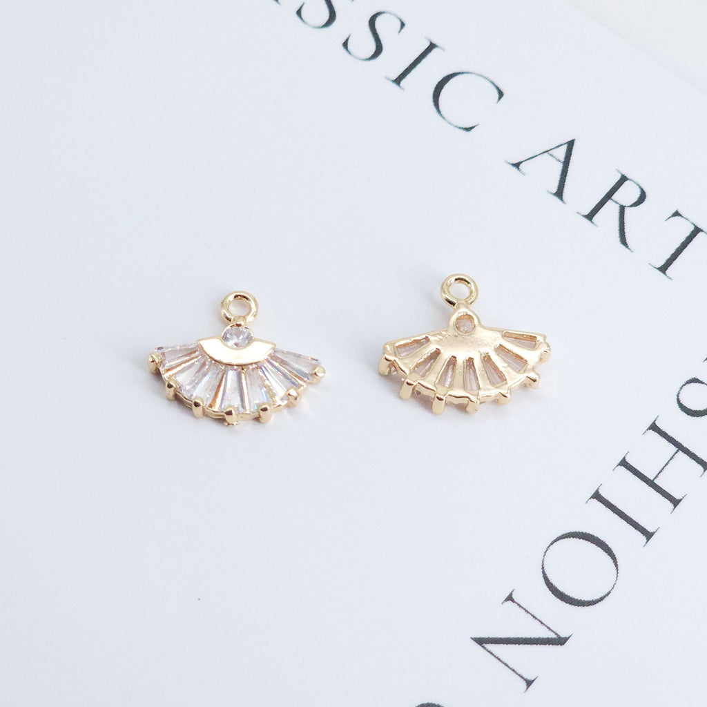 CZ Pave Fan Shape Charm, Cubic Zircon Crystal Fan Connector, CZ Earring Charms,Real Gold Plated Earring Charms, Jewelry Findings ZR003-F072