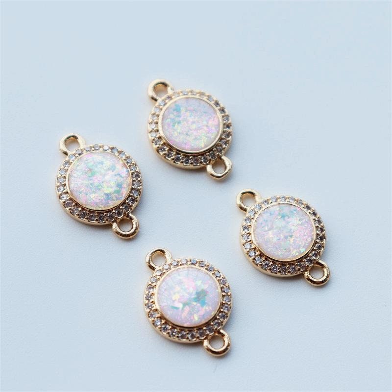5pcs Faux Opal Round Connectors, Cubic Zircon Crystal Pendant, Bracelet Necklace Pendant, 14K Real Gold Plated, Jewelry Findings JY082-F236