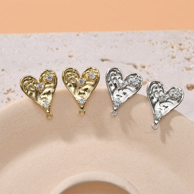 Gold Polished love heart CZ Earring Post,  14K Gold Nickel Free Earrings, S925 Silver Ear Pins, 19mm, Heart Shape Ear Stud with Loop LL239