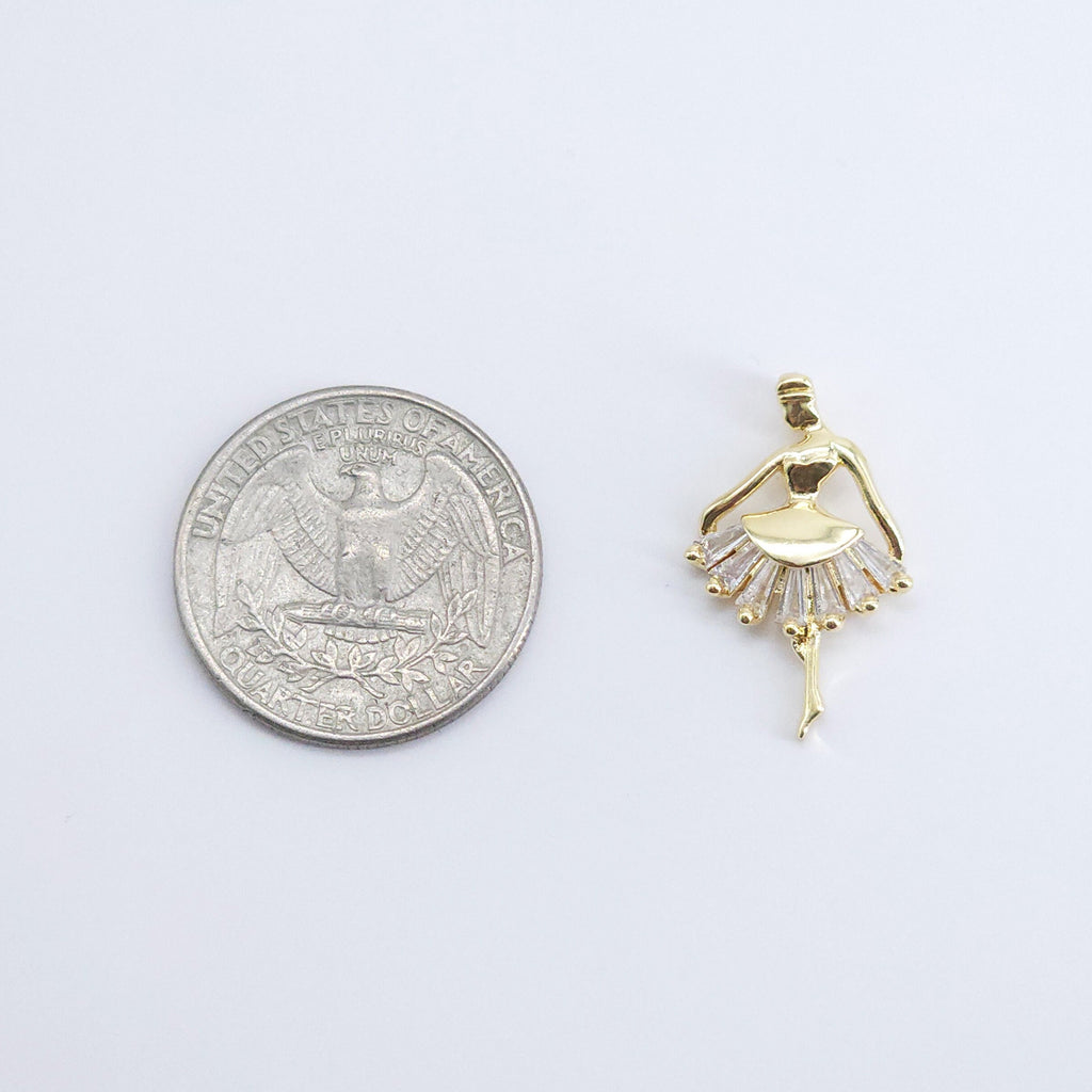CZ Pave Ballet Dancer Charm, Cubic Zircon Crystal Ballet Girl, Necklace Pendant, 14K Real Gold Plated Charm, Jewelry Findings ZR005-F030