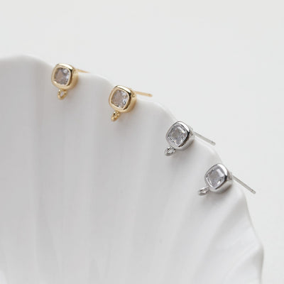 Tiny Square Post with Loop, Pave CZ, 14K Gold, S925 Silver Pin Nickel Free Earrings, Hypoallergenic Earring Findings GT056