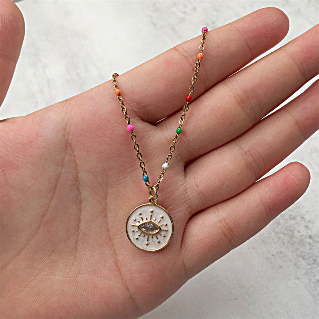 Enamel Cubic Evil Eye Charm, 18K Gold Plated Micro CZ Pave Round Pendant, 15mm, Necklace Making Charm, Jewelry Findings S128