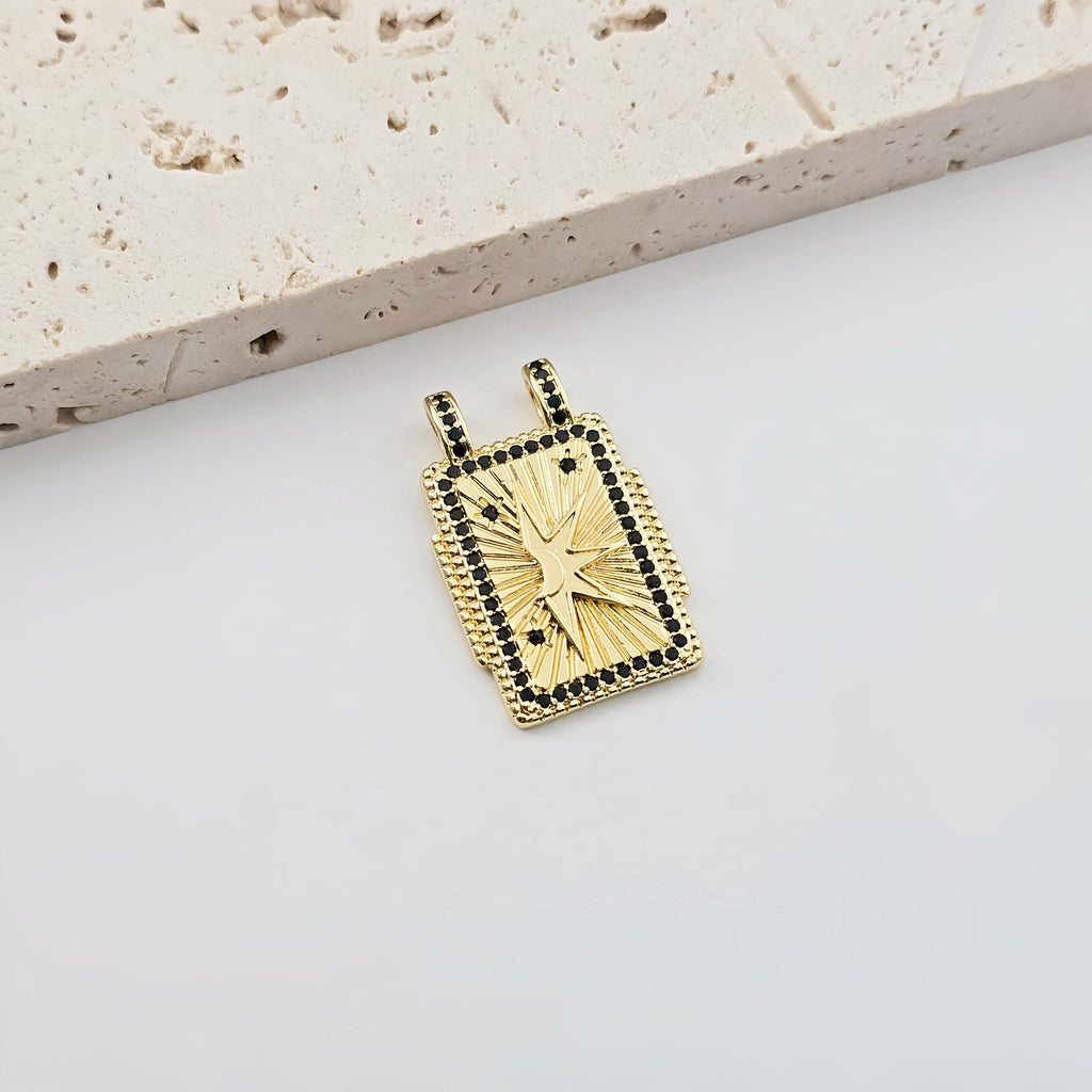 Rectangular Cubic Charm, 18K Gold Plated CZ Pave Pendant, Star and Moon, Planet Pendant, Necklace Making Charm, Jewelry Findings S1289