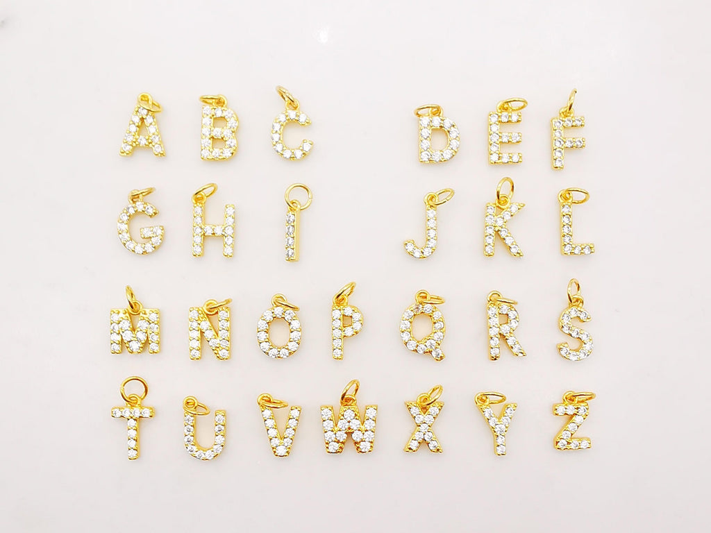 Dainty Cubic Alphabet Letter Charm, 18K Gold Plated CZ Micro Pave Initial Pendant, 8mm, Necklace Bracelet Earring Making S904