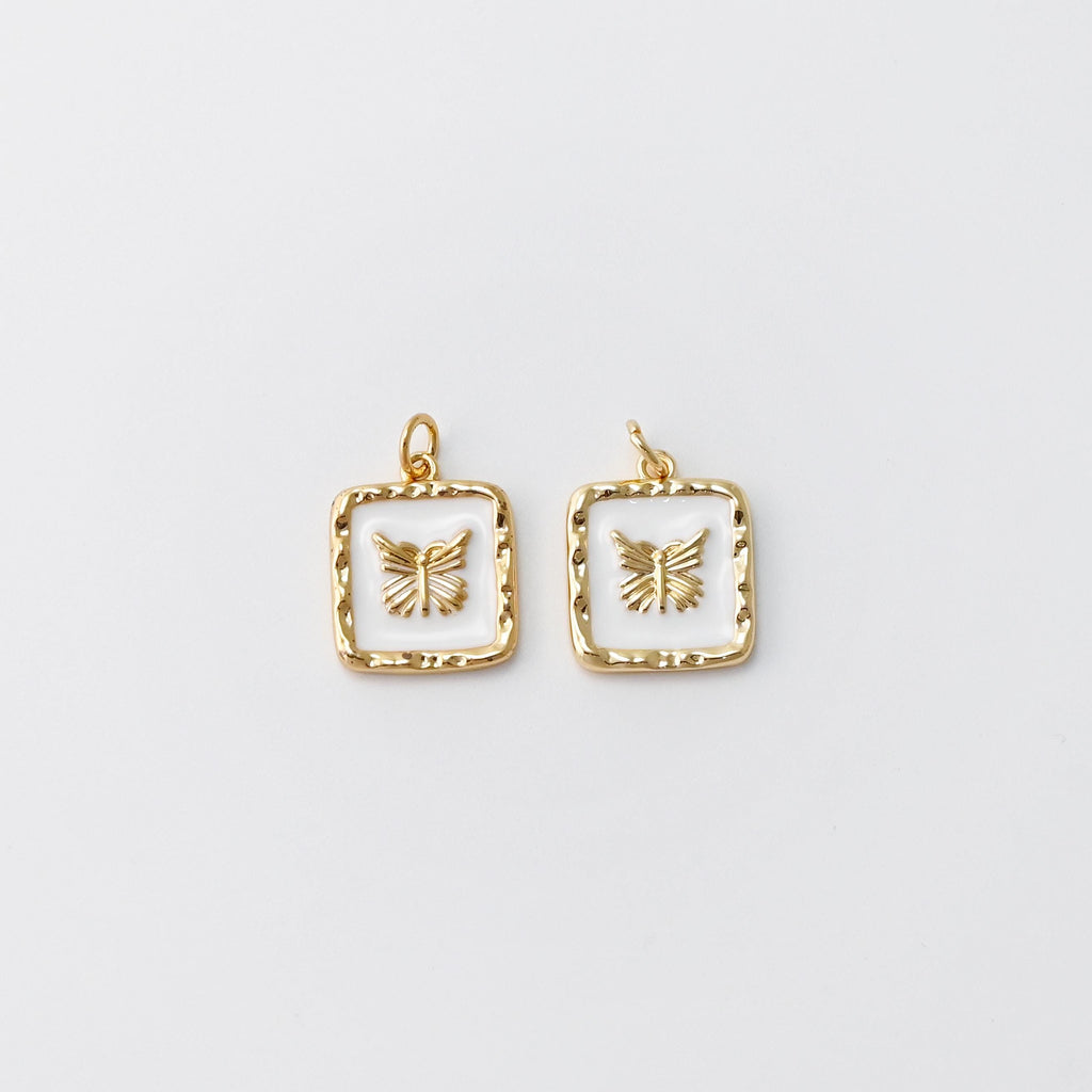 White Enamel Square Charm, Butterfly, Rose, 18K Gold Plated, Necklace Bracelet Making Pendant S20775