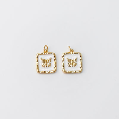 White Enamel Square Charm, Butterfly, Rose, 18K Gold Plated, Necklace Bracelet Making Pendant S20775