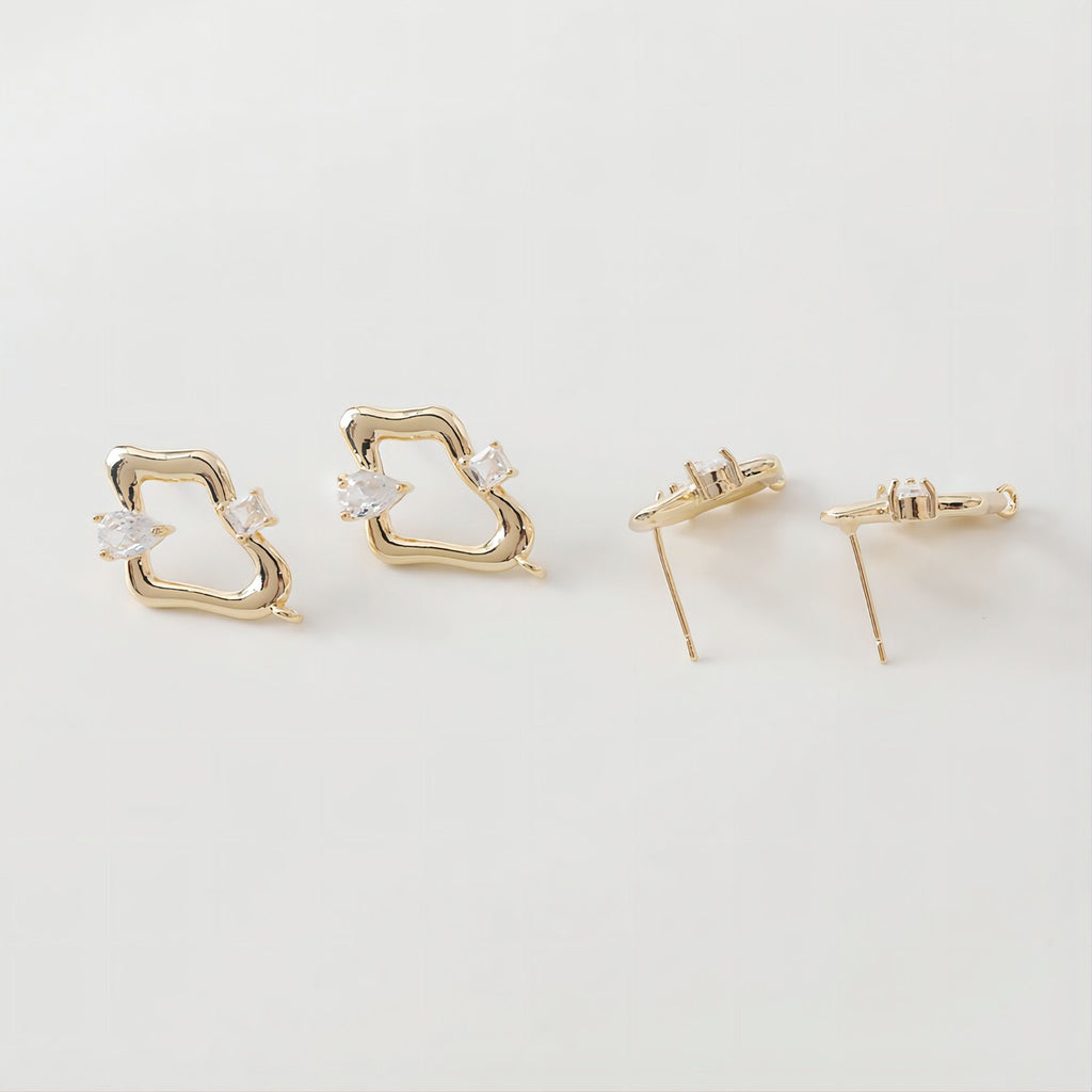Irregular Pave CZ Earring Post, 14K Gold/Silver Plated,  S925 Silver Pin Nickel Free Earrings, Hypoallergenic Earring Findings JJ005