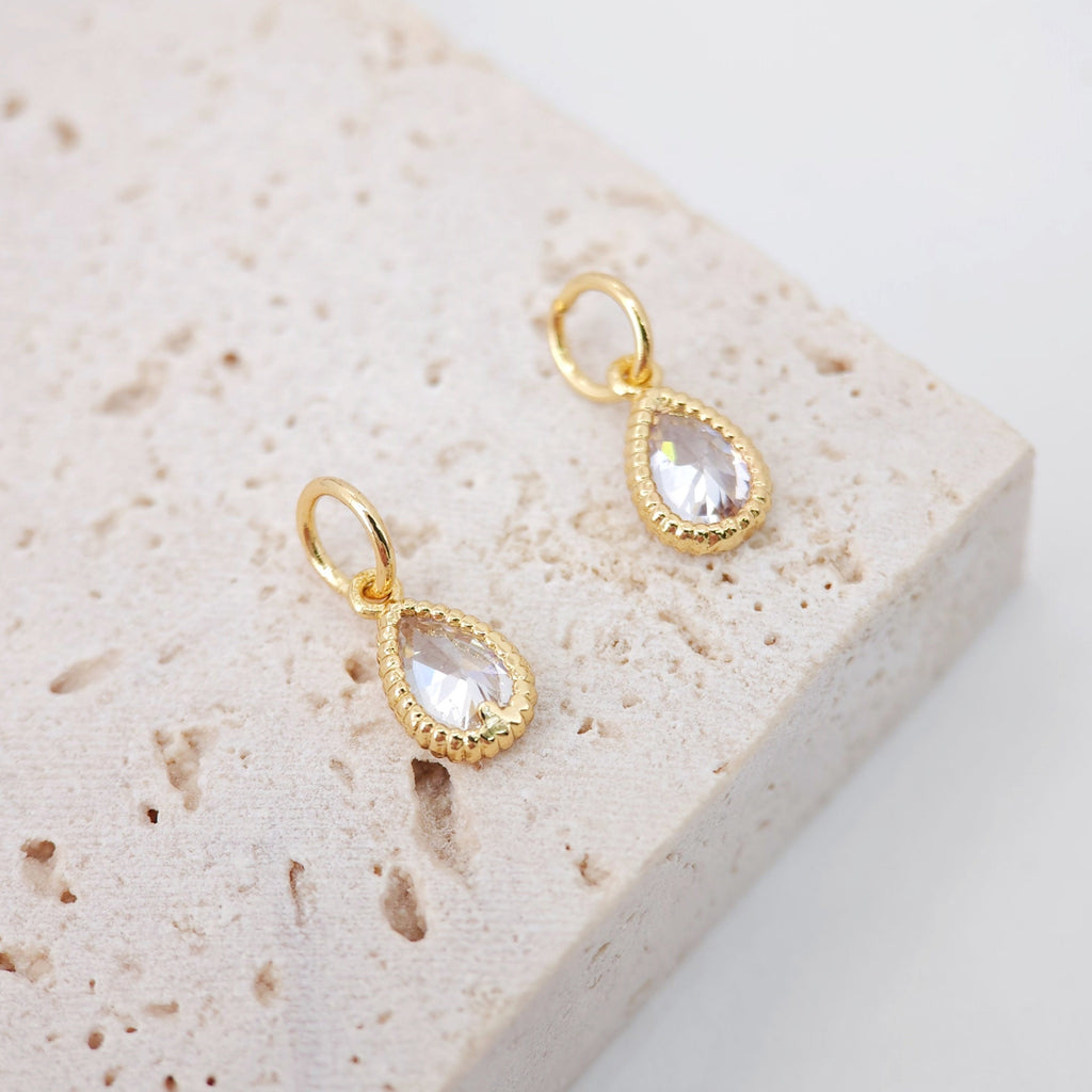 Teardrop Charm, Clear Cubic Pave Charm, 9mm, Tear Drop Pendant, Bracelet Necklace Making, Gold Plated Jewelry Findings S1043