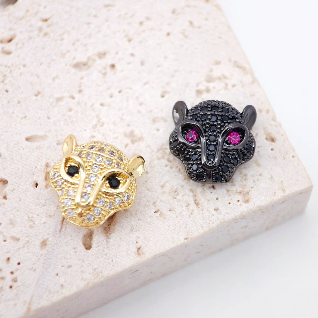 CZ Pave Leopard Spacer Bead, 18K Gold Animal Head Beads For Bracelet Necklace Making, Micro CZ Pave Beads, Jewelry Findings S009