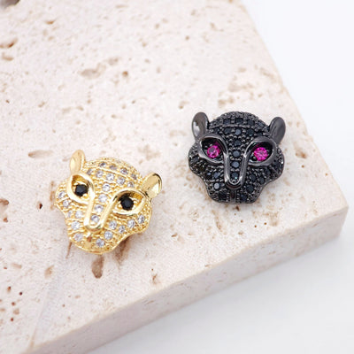 CZ Pave Leopard Spacer Bead, 18K Gold Animal Head Beads For Bracelet Necklace Making, Micro CZ Pave Beads, Jewelry Findings S009