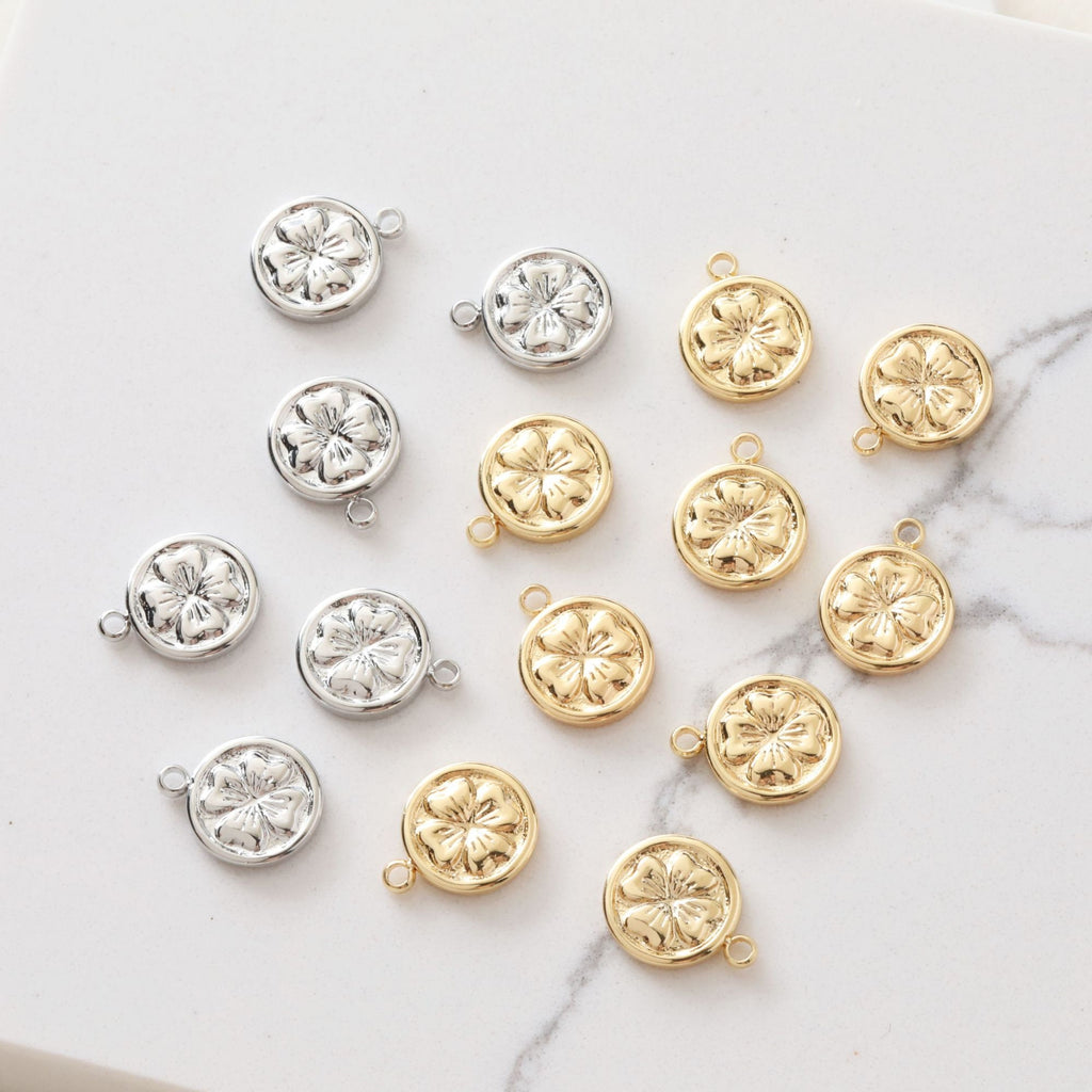 Gold Four-leaf Clover Flower Charm with loops, Bracelet Necklace Making, Gold Plated Jewelry Findings JG050