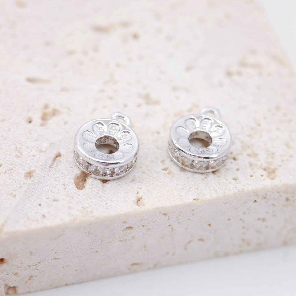 Round CZ Pave Charm, 18K Gold Plated Pendant for Bracelet Necklace Making, 7mm, Jewelry Finding S833