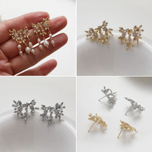 Load image into Gallery viewer, Leaf Earring Post With Loop, S925 Silver Ear Pin, Nickel Free Earrings, CZ Pave Ear Stud, Hypoallergenic Earring Findings GZ232