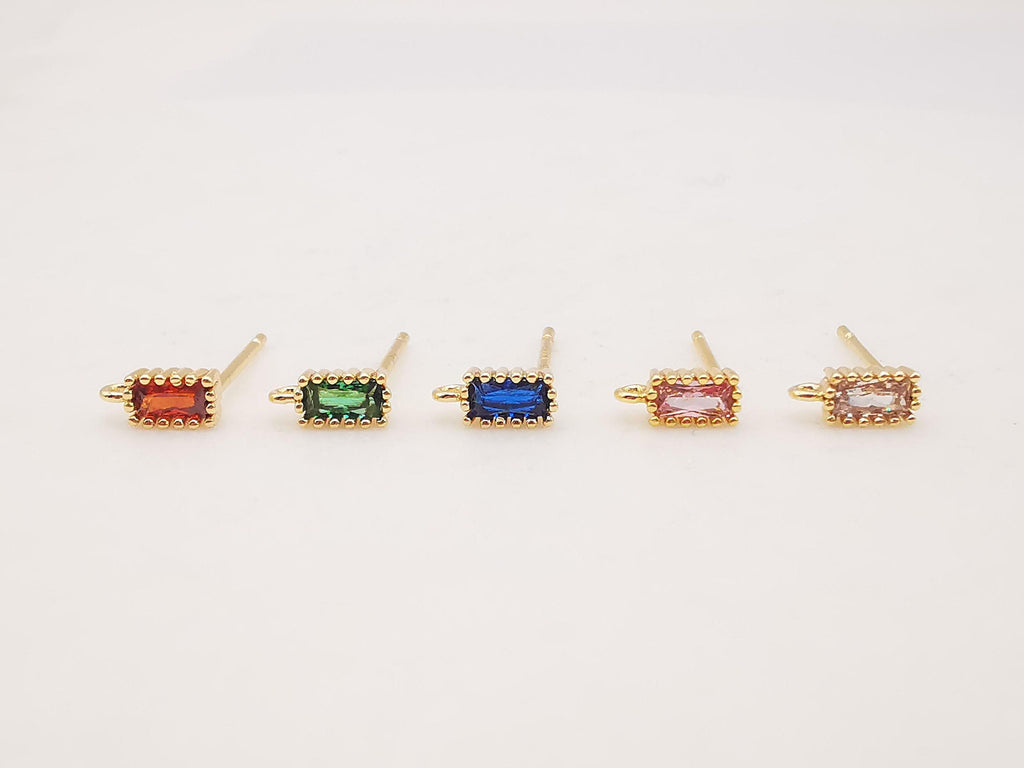 4pcs Rectangular Ear Post with Loops, 5 Colors Gemstone, S925 Silver Ear Pin, Nickel Free, CZ 18K Gold Plated Stud Earring Finding ZX055