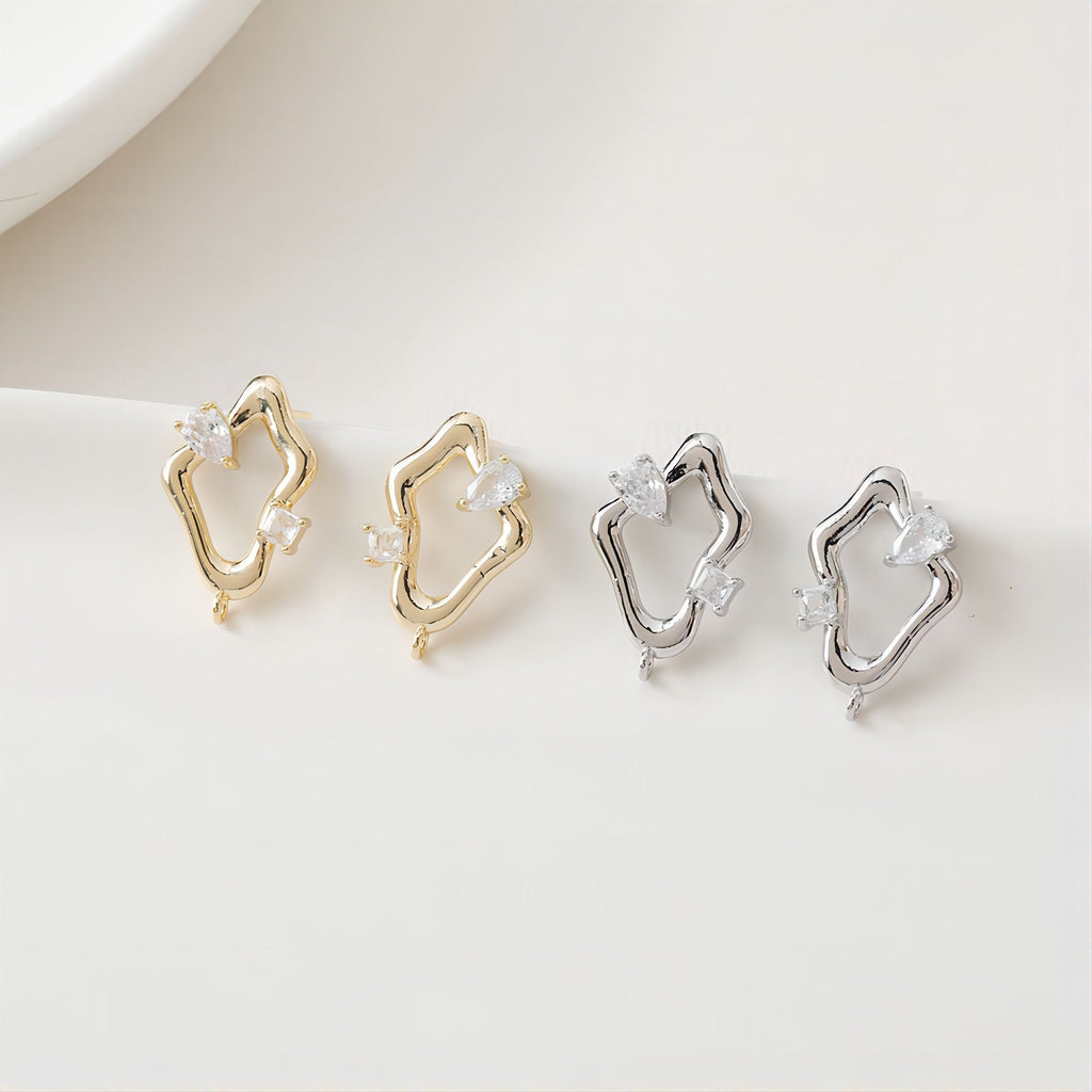 Irregular Pave CZ Earring Post, 14K Gold/Silver Plated,  S925 Silver Pin Nickel Free Earrings, Hypoallergenic Earring Findings JJ005