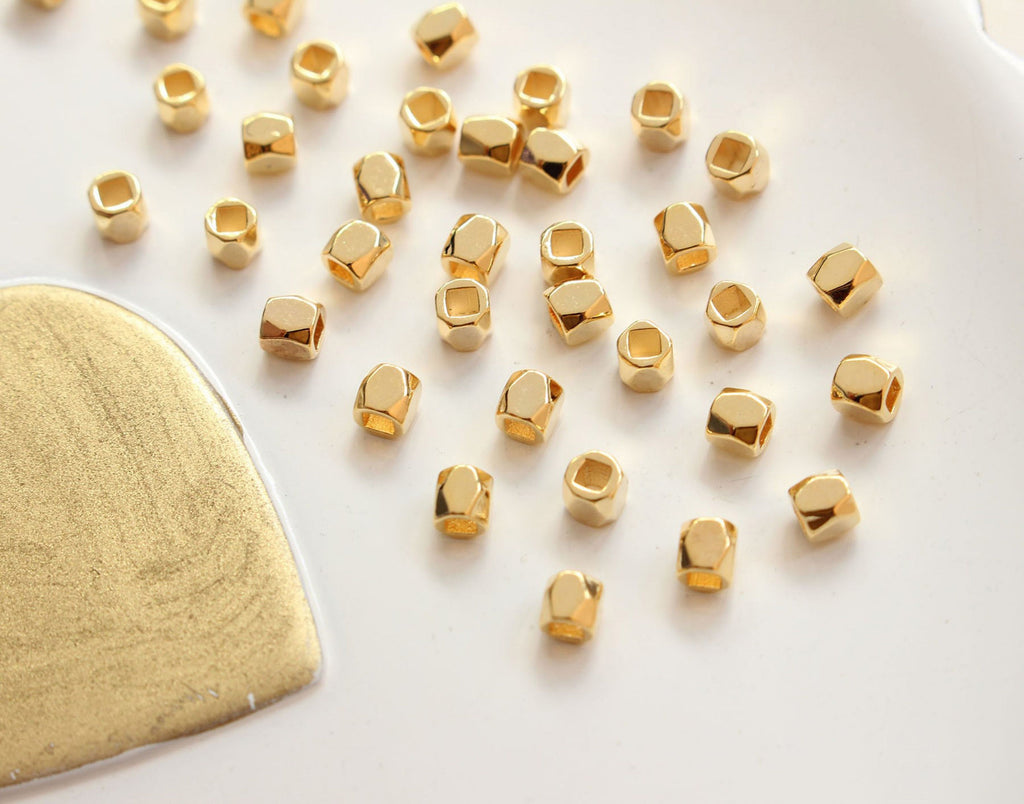 20pcs- Cube Beads, Faceted Beads, 3mm, 18K Gold Beads, Bracelet Beads, Gold Plated Spacer Beads, Big Hole, Jewelry Finding GZ181-S