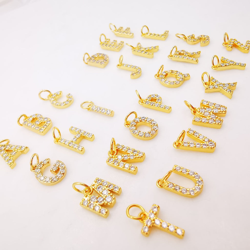 Dainty Cubic Alphabet Letter Charm, 18K Gold Plated CZ Micro Pave Initial Pendant, 8mm, Necklace Bracelet Earring Making S904