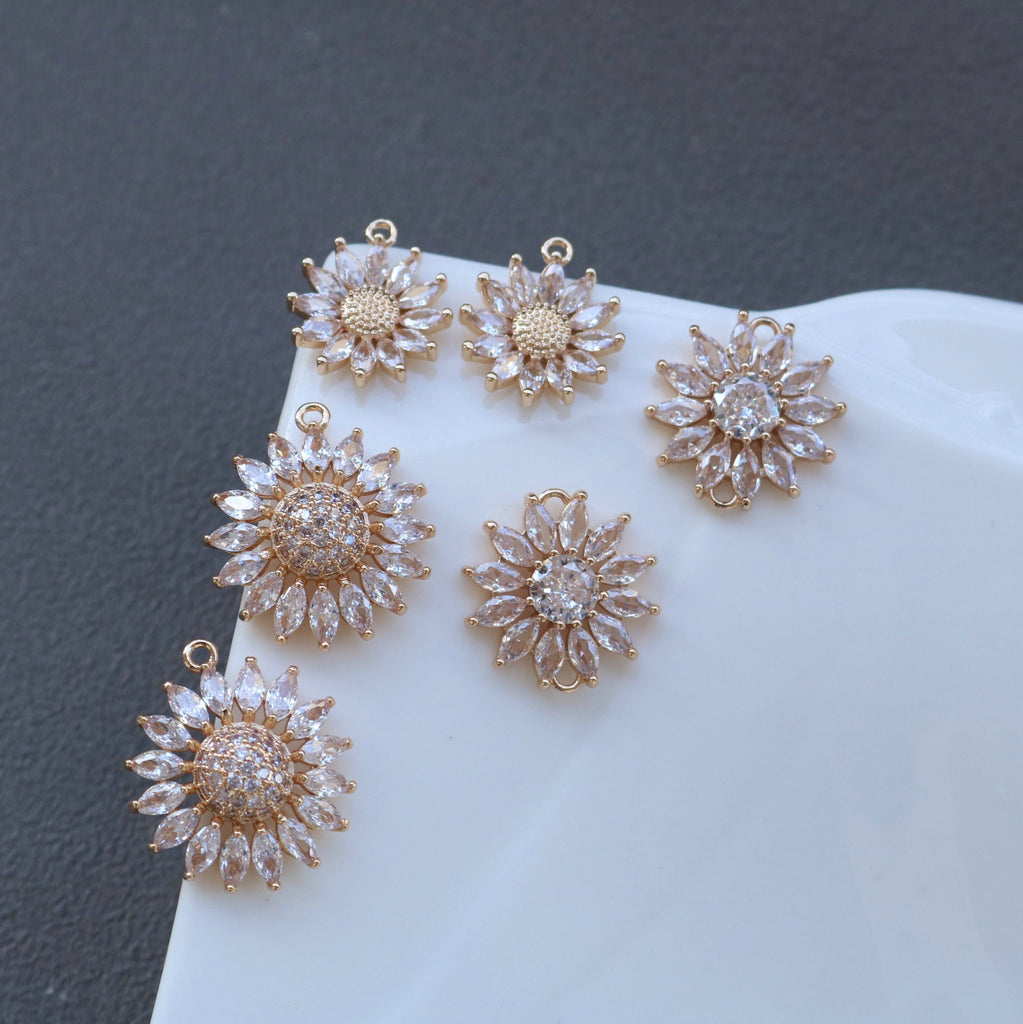 Sun Flower Charm, Cubic Zircon Crystal Flower Pendant, CZ Earring Charms,  Gold Plated Brass Earring Charms, Jewelry Findings HL013-F218