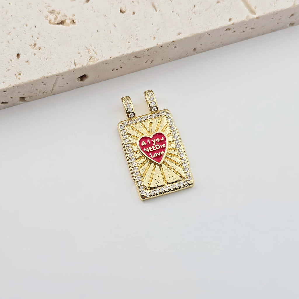 Rectangular Card Charm, 18K Gold Plated CZ Pave Pendant, Heart Charm, Planet Pendant, Necklace Making Charm, Jewelry Findings S1290