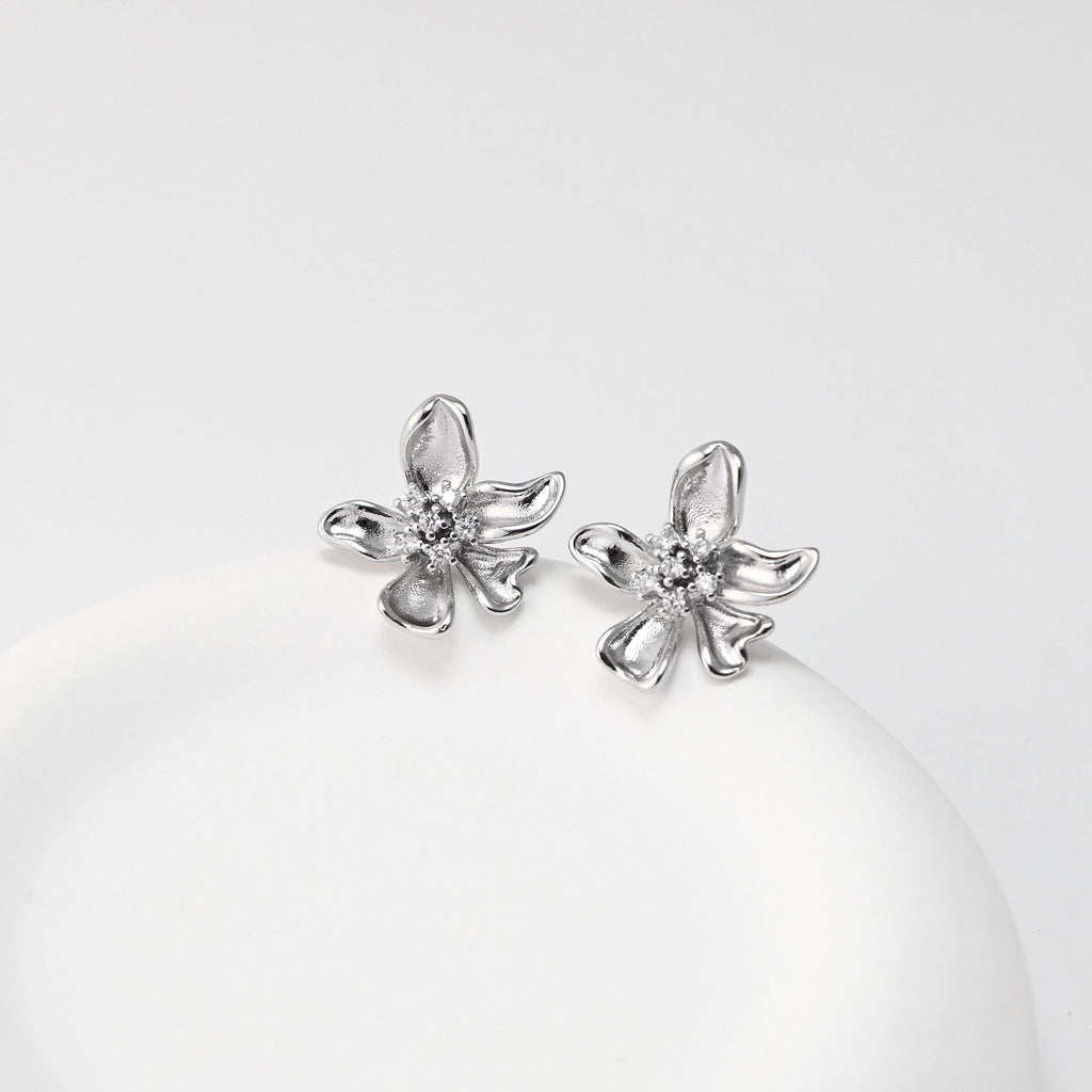 CZ Pave Flower Earrings Post With Loop, 18K Gold Plated, Nickel Free, S925 Silver Pin,Ear Stud Hypoallergenic Earring Findings D0477