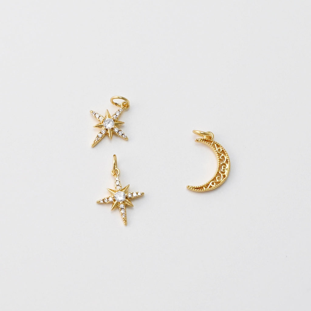 Moon and Star Charms, CZ Pave Star Pendant, North Star Charm, 18K Gold Plated, Necklace charms, Jewelry Findings S706