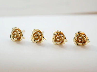 4PCS Rose Flower Earring Post, 18K Real Gold Plated Brass Stud Earring With Loop, Nickel Free, Earring Finding ZX057