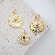 Load image into Gallery viewer, Cubic Evil Eye Round Charm, 18K Gold Plated Micro CZ Pave Eye Collection Pendant Necklace Making Charm, Jewelry Findings S20222