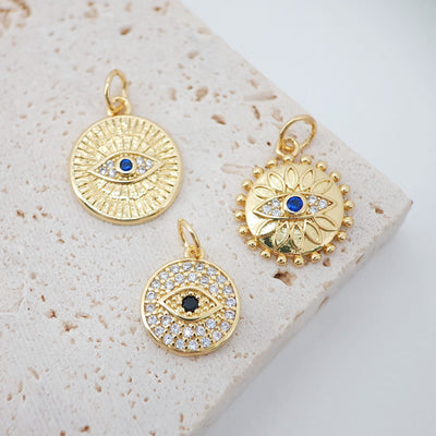 Cubic Evil Eye Round Charm, 18K Gold Plated Micro CZ Pave Eye Collection Pendant Necklace Making Charm, Jewelry Findings S20222