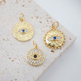Cubic Evil Eye Round Charm, 18K Gold Plated Micro CZ Pave Eye Collection Pendant Necklace Making Charm, Jewelry Findings S20222