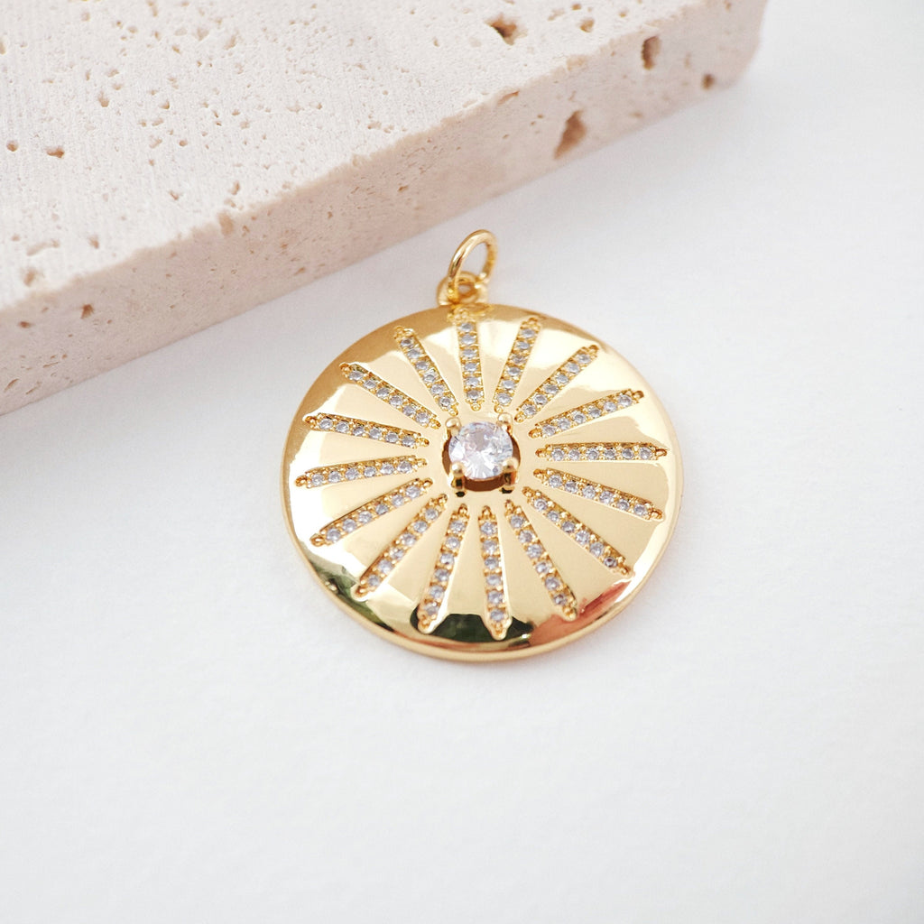 Gold Sun Charm, Cubic Sunshine Round Pendant, 18K Shiny Gold Plated Micro CZ Pave, 28mm, Necklace Making Charm, Jewelry Findings S20729