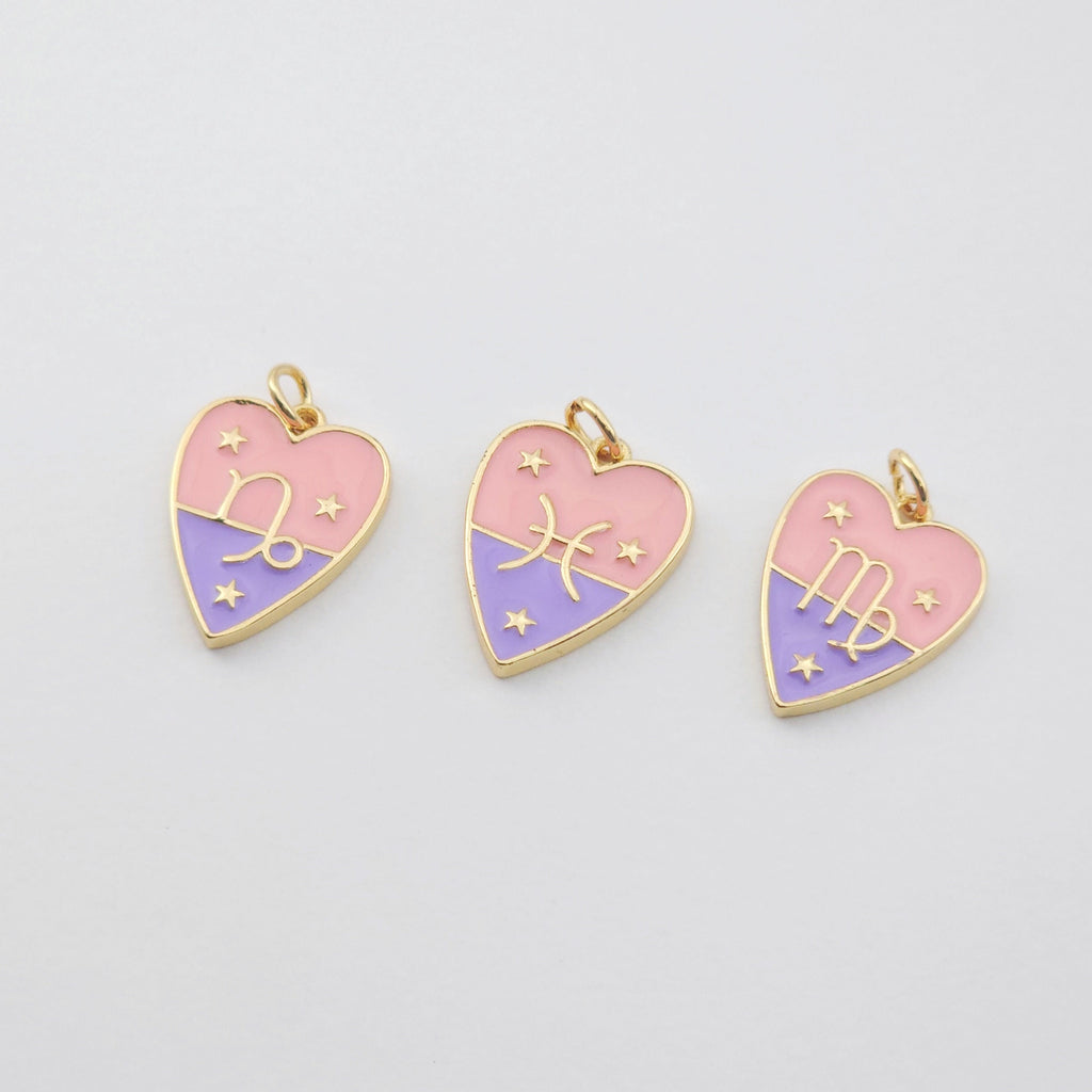 Zodiac Charms, Enamel Heart Constellation Pendant, 18K Gold Plated Zodiac Sign, Necklace Making Charms, Birthday Gift Jewelry Findings S1141