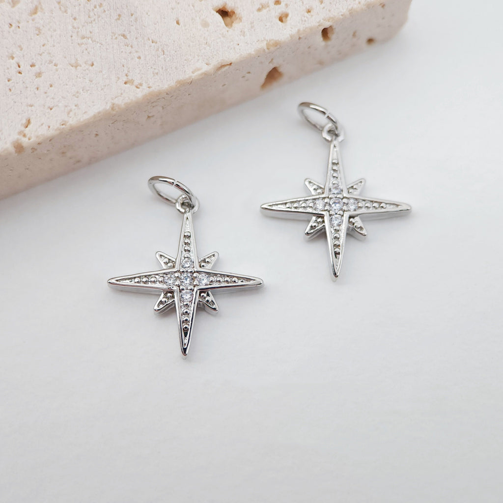 6PCS 16mm North Star Charms, Crystal Cubic Star Pendant, 18K Gold Plated, Necklace charms, Jewelry Findings S704