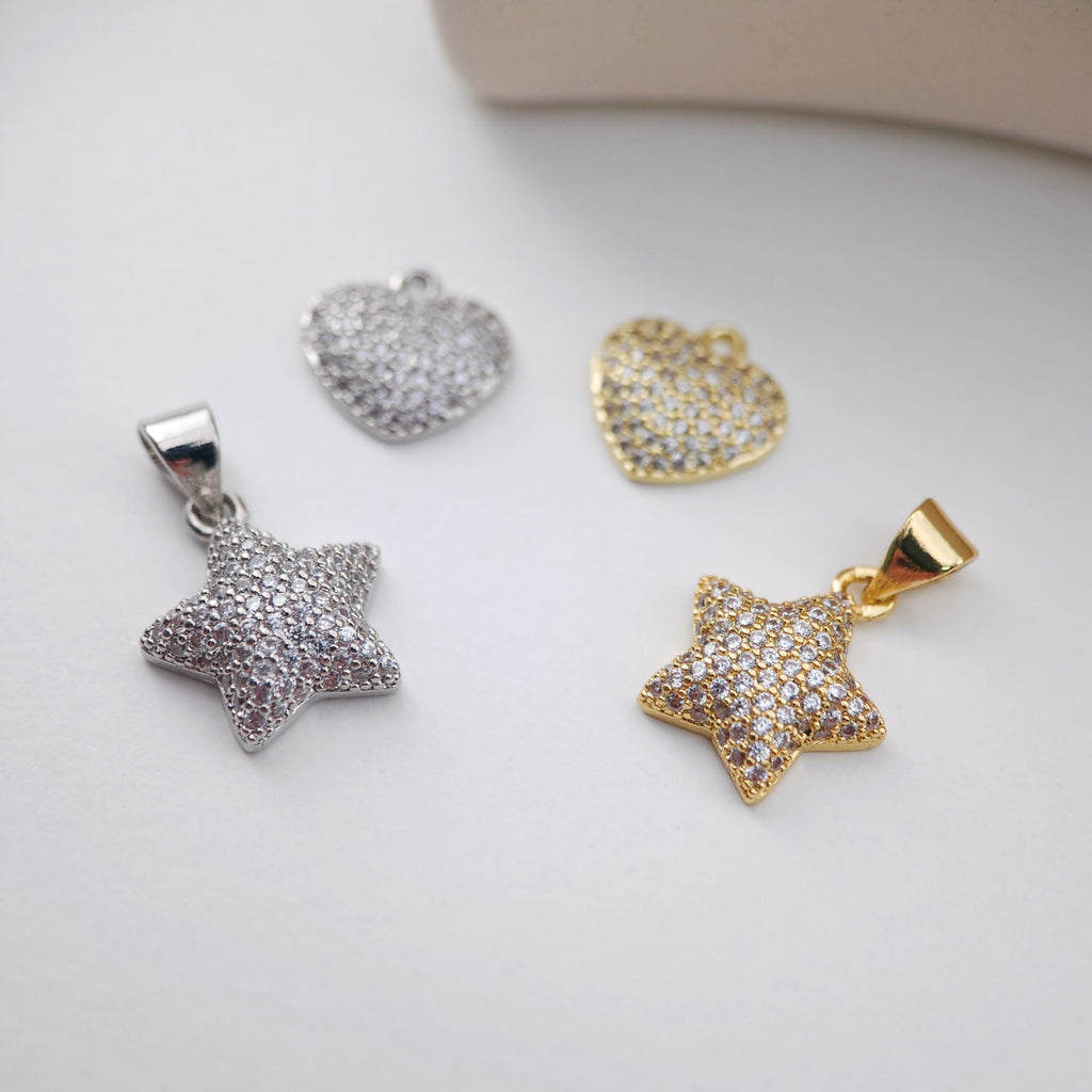 Heart Pendant, Star Pendant, Cubic Pave Charm, 18K Gold Plated, Love Pendant, Necklace Making Pendants, Jewelry Findings S1174