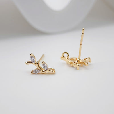 4pcs Gold Leaf Earring Post With Loop, S925 Silver Ear Pin Nickel Free Earrings, CZ Pave Ear Stud, Hypoallergenic Earring Findings ZX039